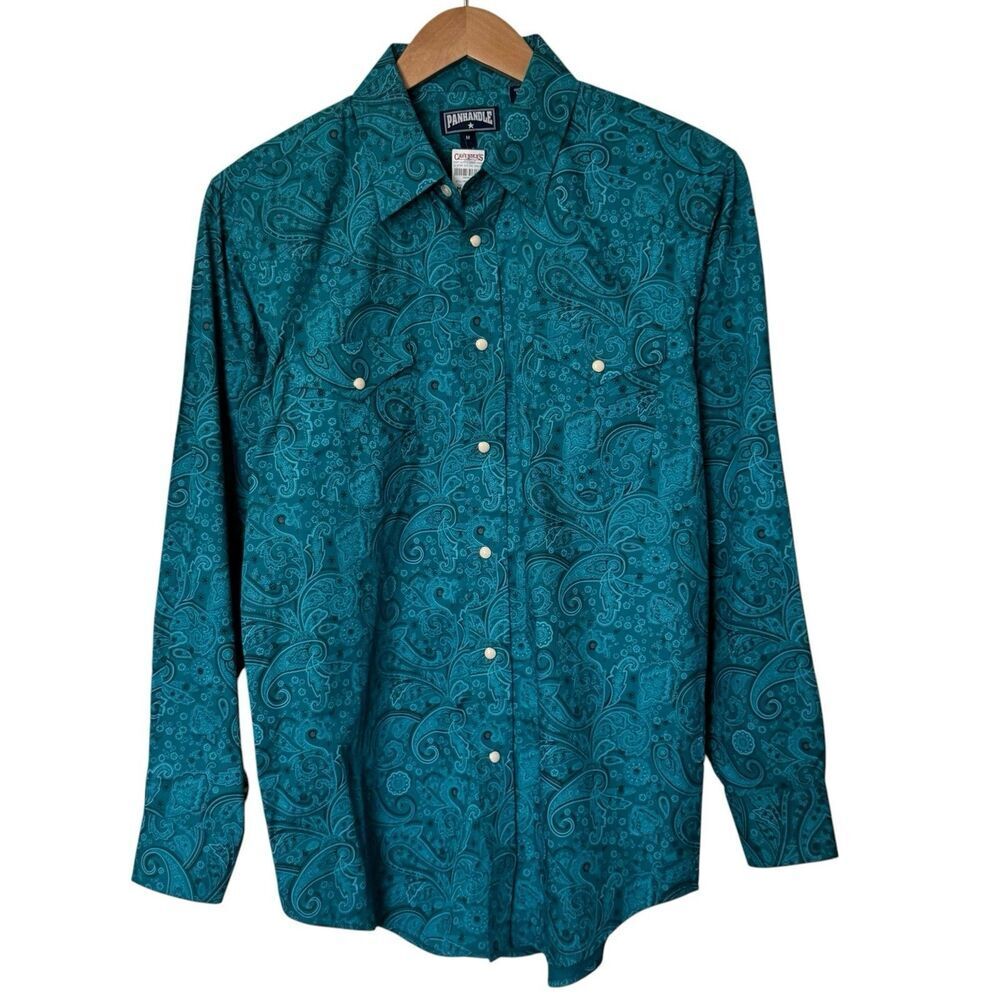 Panhandle Mens Size Medium Western Pearl Snap Shirt Teal Paisley Long Sleeve